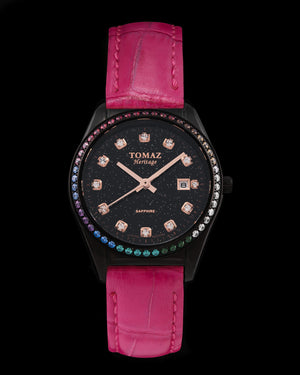 
                  
                    Load image into Gallery viewer, Tomaz Ladies Watch TQ017L-D17 Stardust (Black) with Rainbow Swarovski (Pink Bamboo Leather Strap)
                  
                