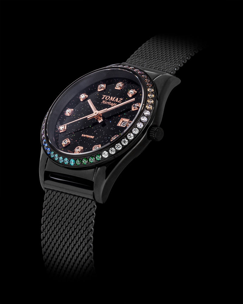 
                  
                    Load image into Gallery viewer, Tomaz Ladies Watch TQ017L-D19 Stardust (Black) with Rainbow Swarovski (Black Mesh Strap)
                  
                