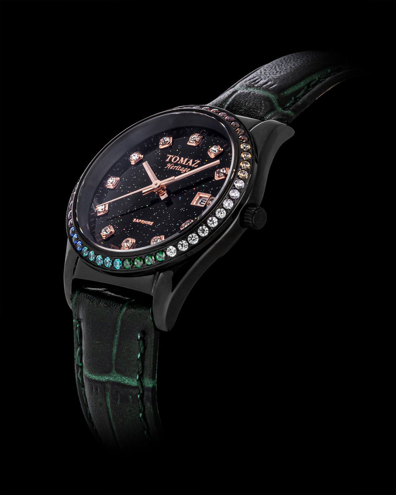 
                  
                    Load image into Gallery viewer, Tomaz Ladies Watch TQ017L-D20 Stardust (Black) with Rainbow Swarovski (Green Bamboo Leather Strap)
                  
                