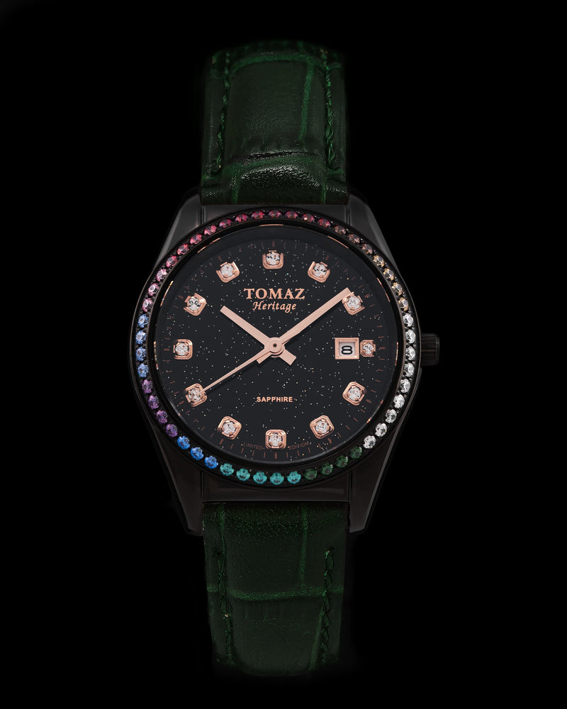 Tomaz Ladies Watch TQ017L-D20 Stardust (Black) with Rainbow Swarovski (Green Bamboo Leather Strap)