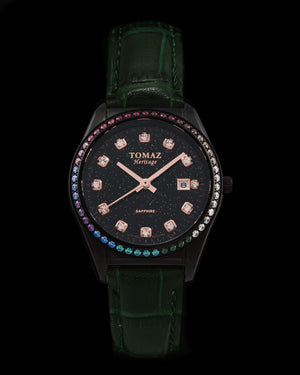 
                  
                    Load image into Gallery viewer, Tomaz Ladies Watch TQ017L-D20 Stardust (Black) with Rainbow Swarovski (Green Bamboo Leather Strap)
                  
                