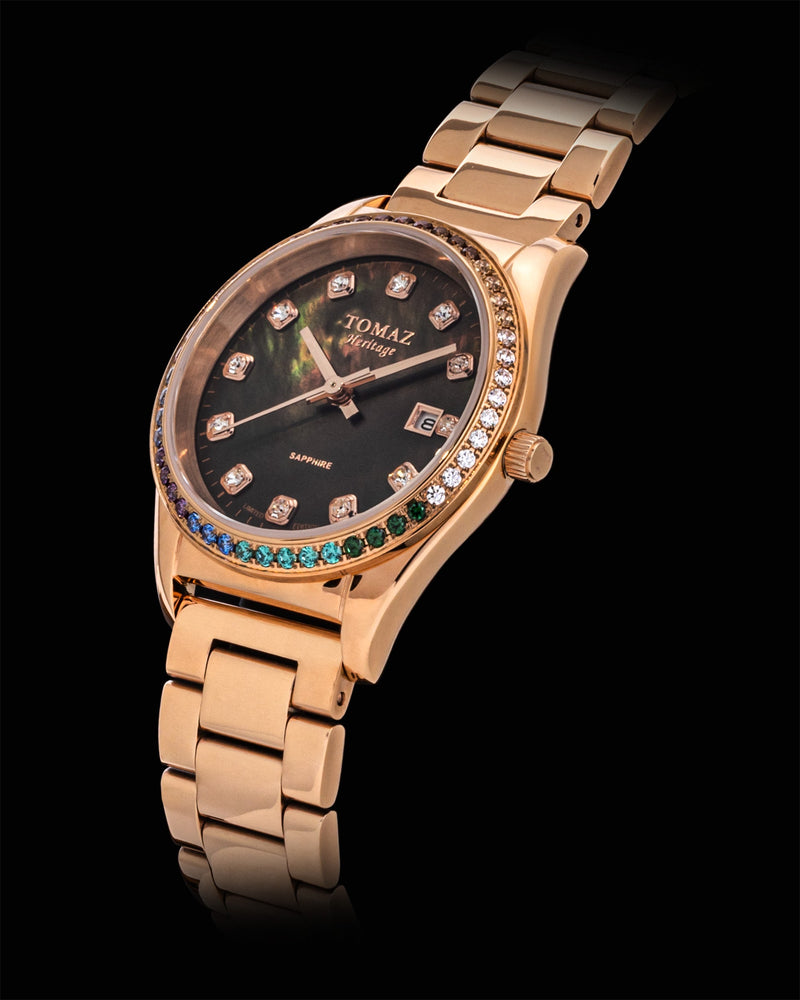 
                  
                    Load image into Gallery viewer, Tomaz Ladies Watch TQ017L-D21 Pearl (Rosegold/Black) with Rainbow Swarovski (Rosegold Stainless Steel)
                  
                