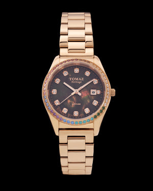 
                  
                    Load image into Gallery viewer, Tomaz Ladies Watch TQ017L-D21 Pearl (Rosegold/Black) with Rainbow Swarovski (Rosegold Stainless Steel)
                  
                
