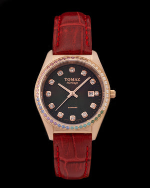 
                  
                    Load image into Gallery viewer, Tomaz Ladies Watch TQ017L-D22 Pearl (Rose Gold/Black) with Rainbow Swarovski (Red Bamboo Leather Strap)
                  
                