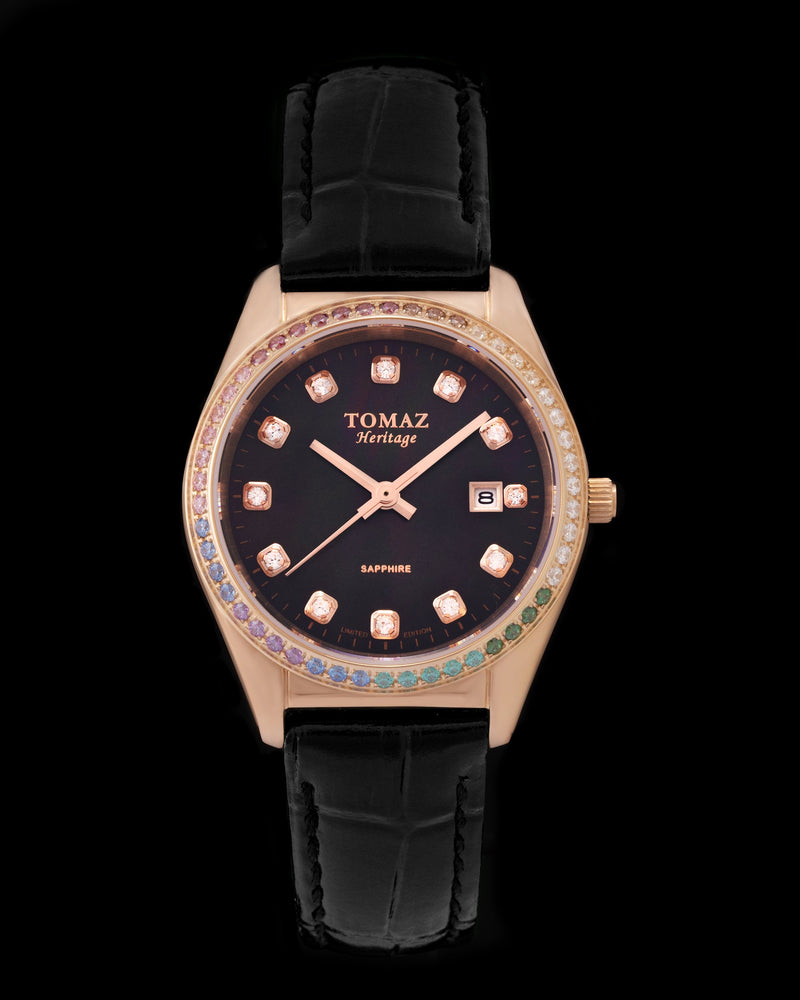 Tomaz Ladies Watch TQ017L-D23 Pearl (Rose Gold/Black) with Rainbow Swarovski (Black Bamboo Leather Strap)