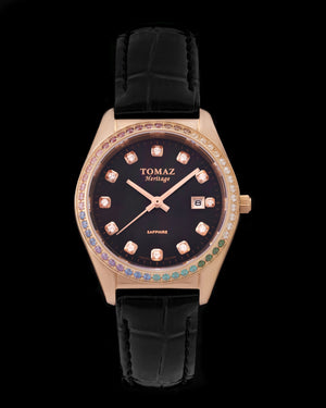 
                  
                    Load image into Gallery viewer, Tomaz Ladies Watch TQ017L-D23 Pearl (Rose Gold/Black) with Rainbow Swarovski (Black Bamboo Leather Strap)
                  
                