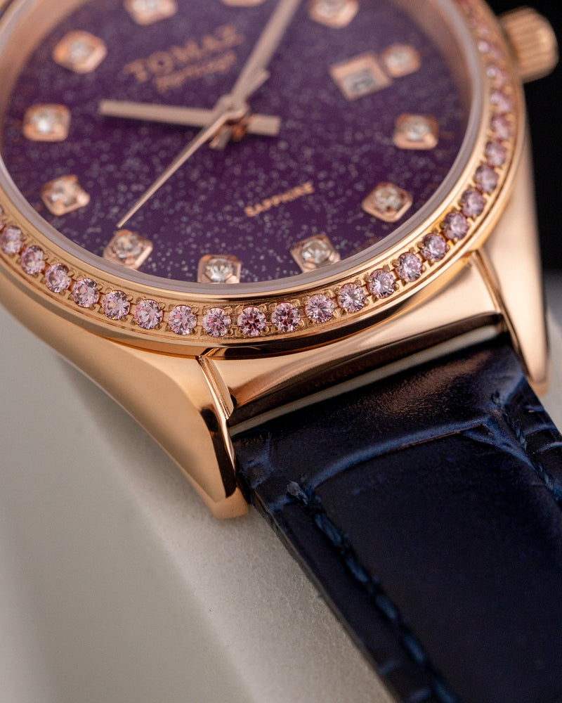 
                  
                    Load image into Gallery viewer, Tomaz Ladies Watch TQ017L-D29 Stardust (Rose Gold/Purple) with Purple Swarovski (Navy Bamboo Leather Strap)
                  
                
