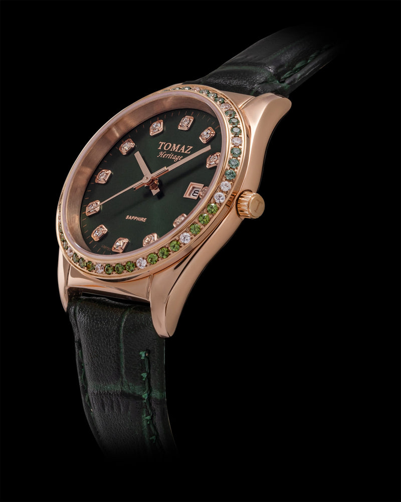 
                  
                    Load image into Gallery viewer, Tomaz Ladies Watch TQ017L-D36 (Rose Gold/Green) with Green Swarovski (Green Bamboo Leather Strap)
                  
                