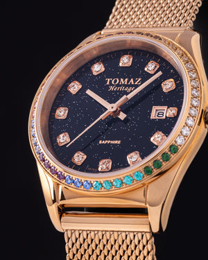 
                  
                    Load image into Gallery viewer, Tomaz Ladies Watch TQ017L-D8 Stardust (Rosegold/Black) with Rainbow Swarovski (Rosegold Mesh Strap)
                  
                