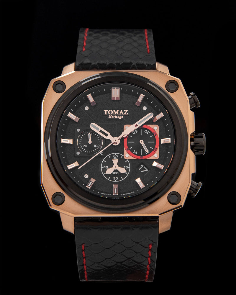 Jezper TQ021A-D4 (Rosegold/Black/Red) Black Salmon Leather Strap