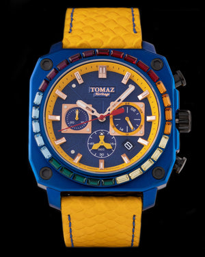 
                  
                    Load image into Gallery viewer, Jezper TQ021B-D10 (Blue) with Rainbow Swarovski (Yellow Salmon Leather Strap)
                  
                