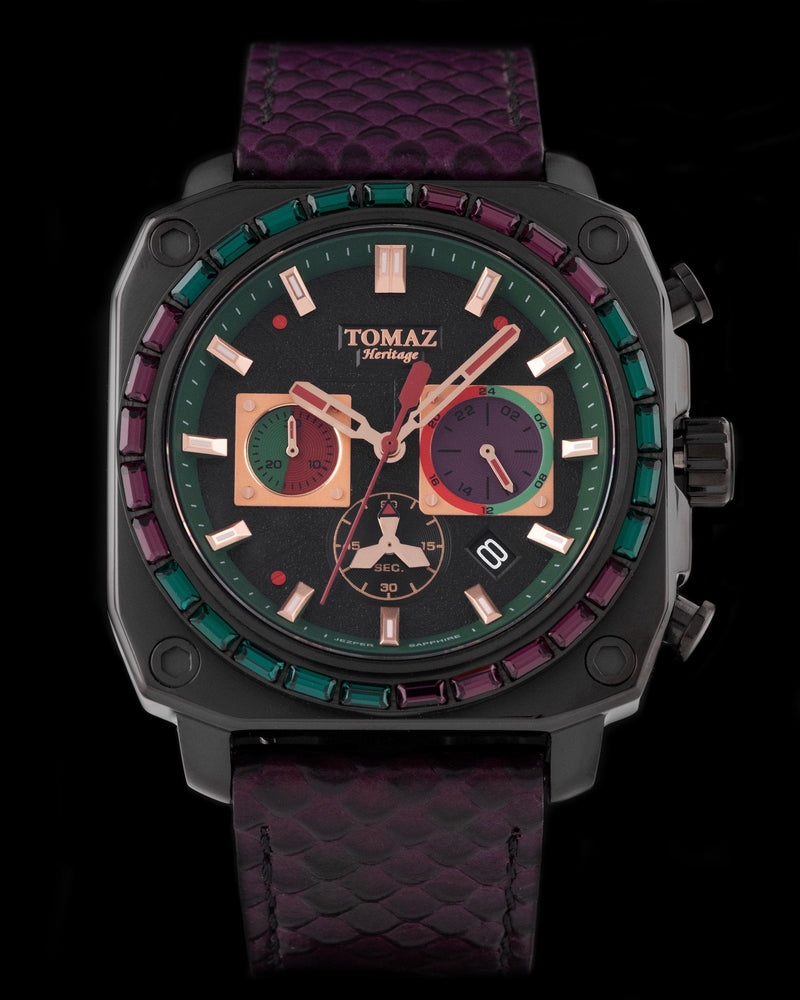 Jezper TQ021B-D11 (Black) with Purple Green Swarovski (Purple Salmon Leather Strap)