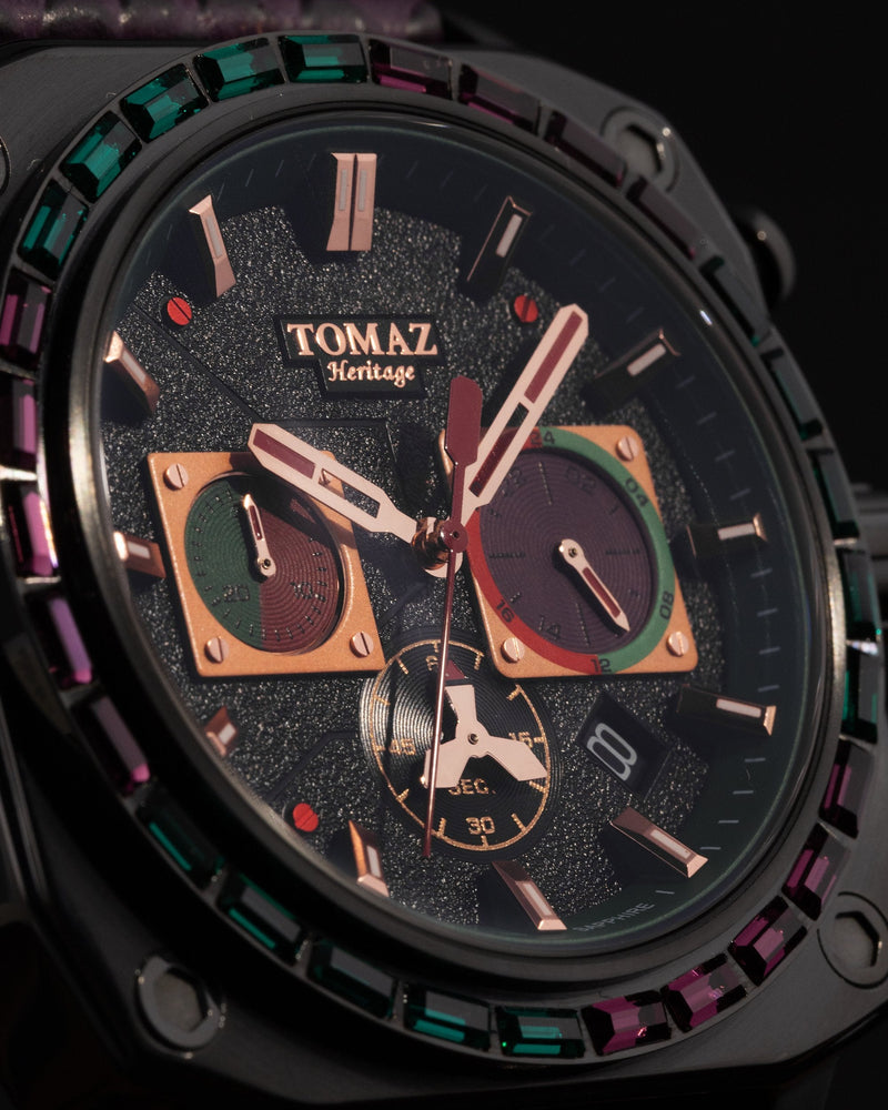 
                  
                    Load image into Gallery viewer, Jezper TQ021B-D11 (Black) with Purple Green Swarovski (Purple Salmon Leather Strap)
                  
                