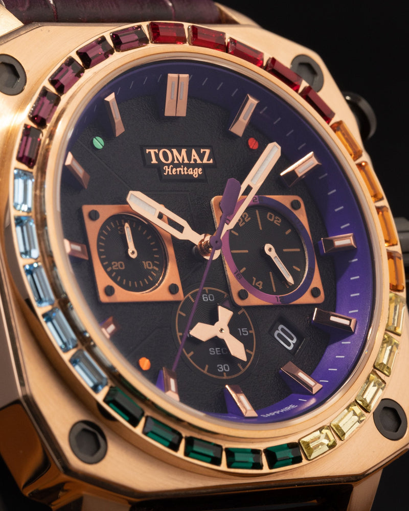 
                  
                    Load image into Gallery viewer, Jezper TQ021B-D12 (Rosegold) with Rainbow Swarovski (Purple Bamboo Leather Strap)
                  
                