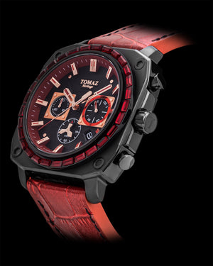 
                  
                    Load image into Gallery viewer, Jezper TQ021B-D1 (Black) with Red Swarovski (Red Bamboo Leather Strap)
                  
                