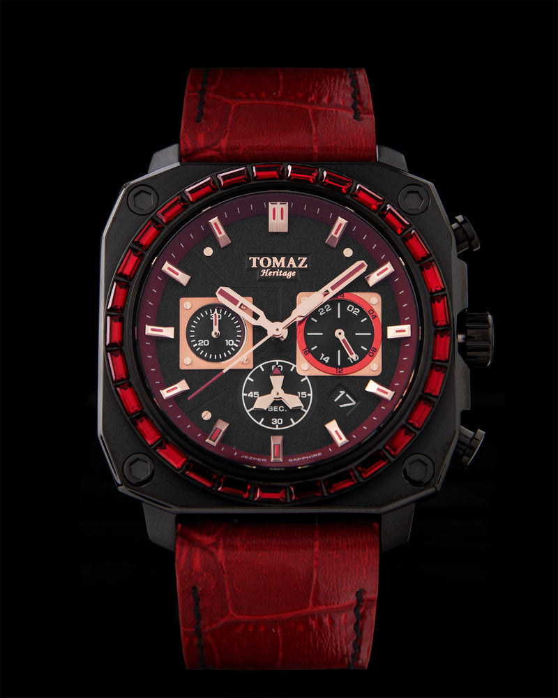 
                  
                    Load image into Gallery viewer, Jezper TQ021B-D1 (Black) with Red Swarovski (Red Bamboo Leather Strap)
                  
                