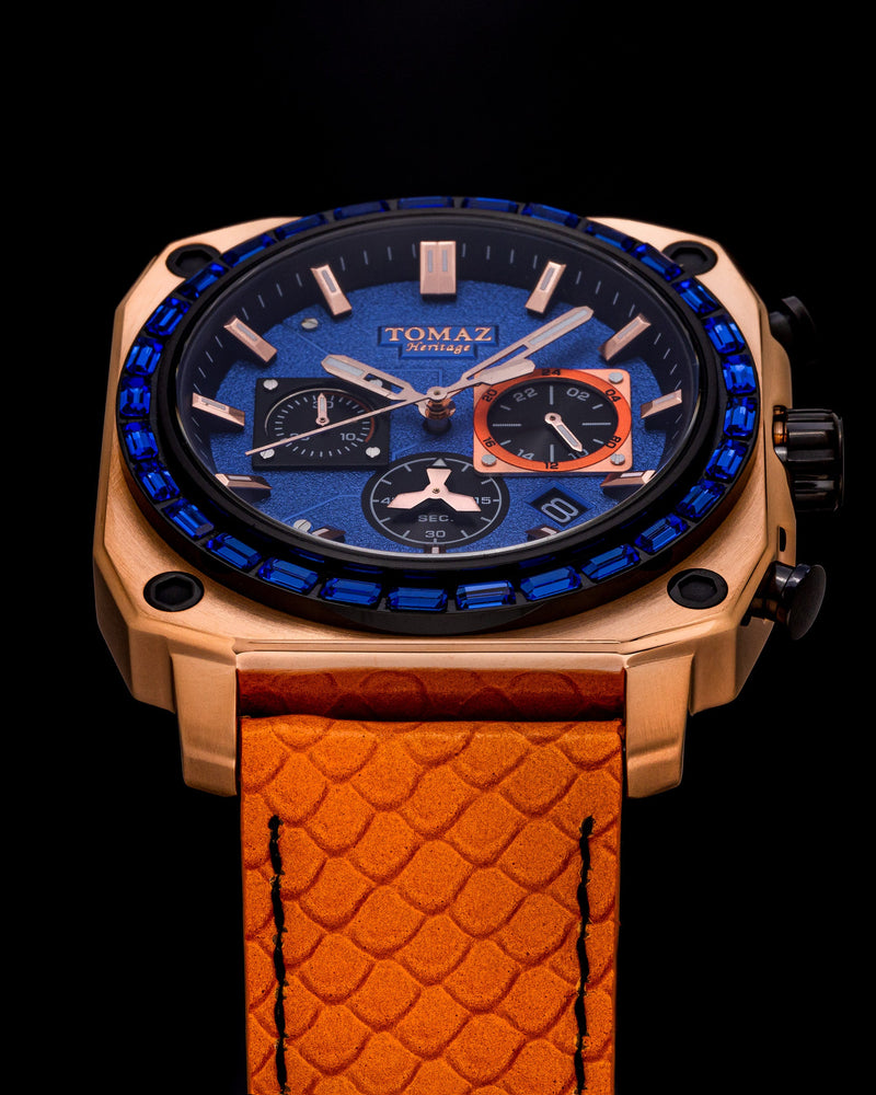 
                  
                    Load image into Gallery viewer, Jezper TQ021B-D7 (Rosegold) with Blue Swarovski (Orange Salmon Leather Strap)
                  
                