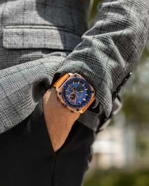 
                  
                    Load image into Gallery viewer, Jezper TQ021B-D7 (Rosegold) with Blue Swarovski (Orange Salmon Leather Strap)
                  
                