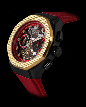 
                  
                    Load image into Gallery viewer, Hexagon TQ023A-D12 (Black/Gold/Red) Red Leather Strap
                  
                