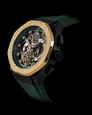 
                  
                    Load image into Gallery viewer, Hexagon TQ023A-D13 (Black/Gold/Green) (Green Leather Strap)
                  
                