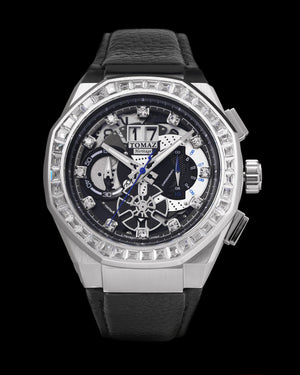 
                  
                    Load image into Gallery viewer, Hexagon TQ023B-D18 (Silver/Black) with White Swarovski Crystal (Black Leather Strap)
                  
                