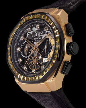 
                  
                    Load image into Gallery viewer, Hexagon TQ023B-D20 (Gold/Black) with Yellow Swarovski Crystal (Black Leather Strap)
                  
                
