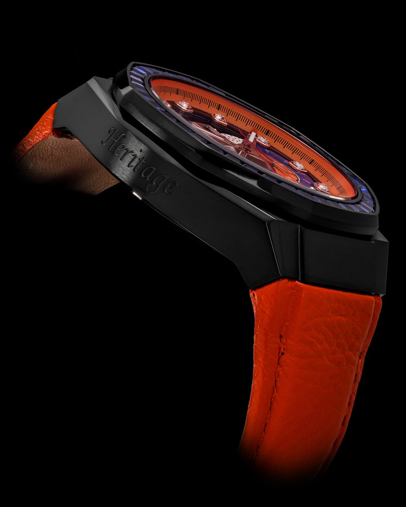 
                  
                    Load image into Gallery viewer, Hexagon TQ023B-D2 (Black/Orange) with Blue Swarovski Crystal (Orange Leather Strap)
                  
                