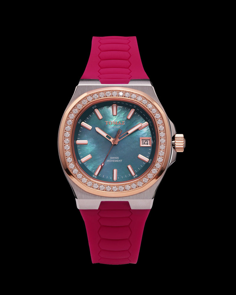 Tomaz Ladies Watch TQ029L-D9 (Silver/Rosegold) with White Swarovski Crystal (Pink Rubber Strap)