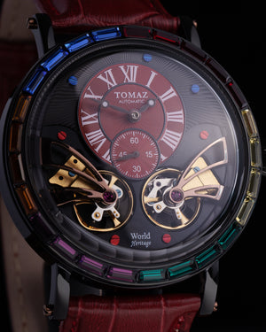 
                  
                    Load image into Gallery viewer, Double Wings Automatic TW001-D12 (Black/Red) with Rainbow Swarovski (Red Bamboo Leather Strap)
                  
                