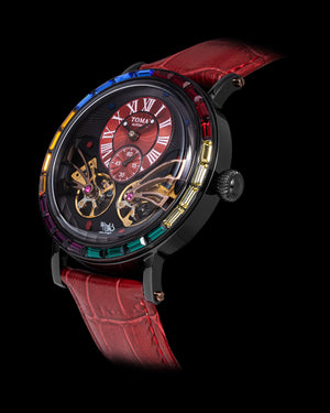 
                  
                    Load image into Gallery viewer, Double Wings Automatic TW001-D12 (Black/Red) with Rainbow Swarovski (Red Bamboo Leather Strap)
                  
                