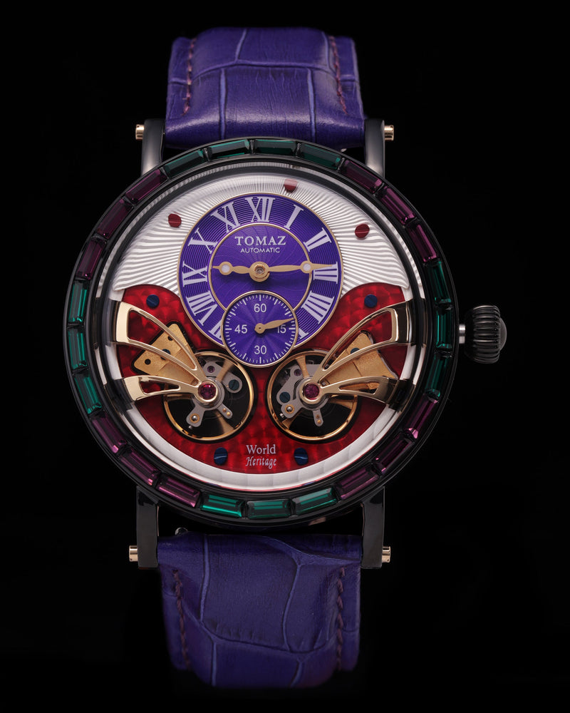 
                  
                    Load image into Gallery viewer, Double Wings Automatic TW001-D14 (Black/Purple/White) with Purple Green Swarovski (Purple Bamboo Leather Strap)
                  
                