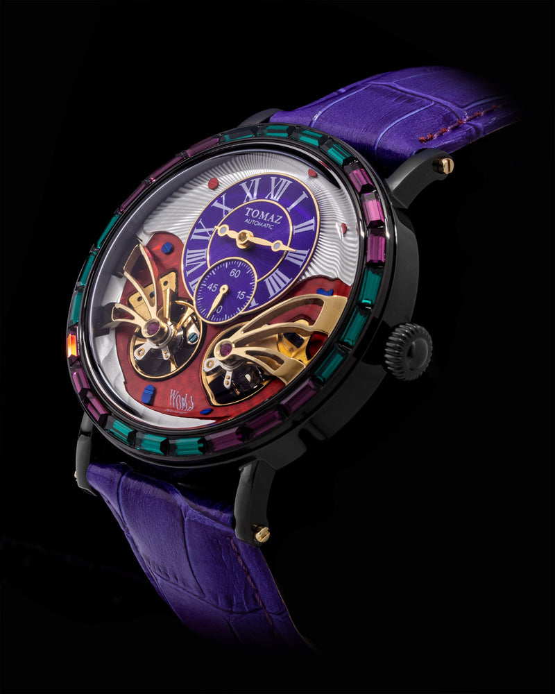 
                  
                    Load image into Gallery viewer, Double Wings Automatic TW001-D14 (Black/Purple/White) with Purple Green Swarovski (Purple Bamboo Leather Strap)
                  
                