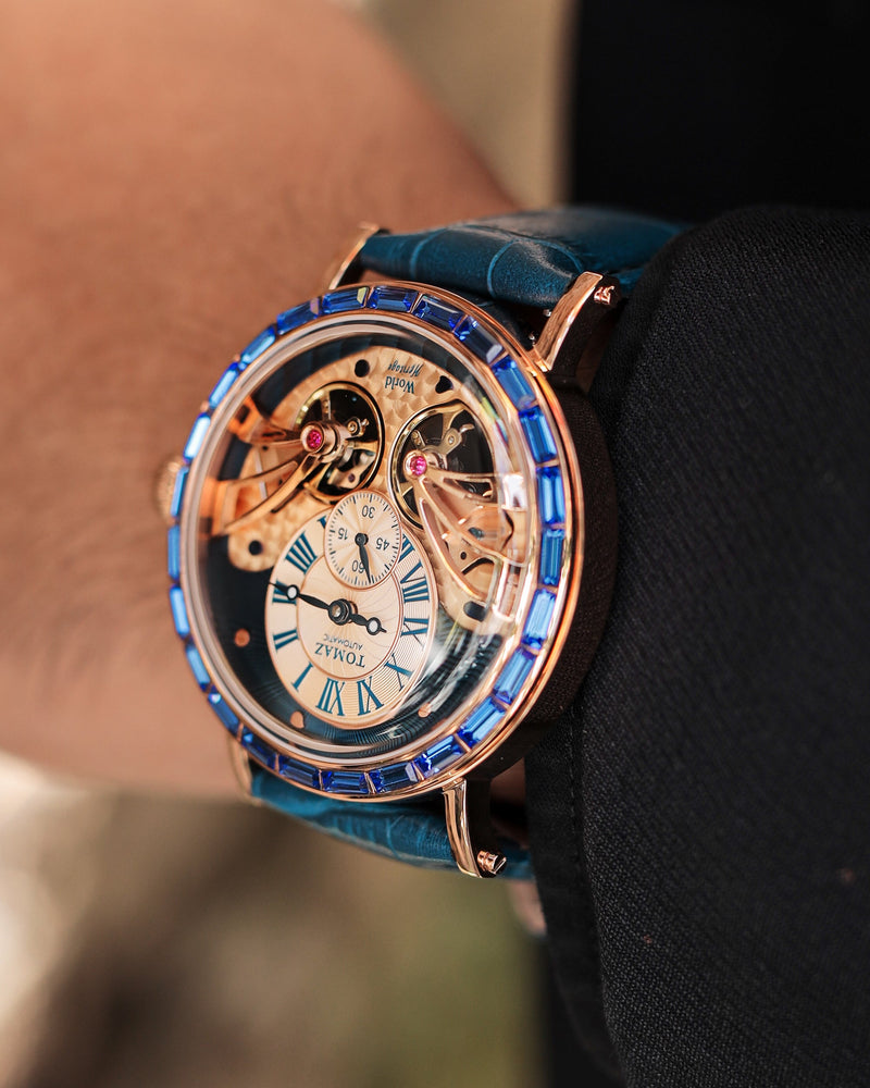 Double Wings Automatic TW001-D1 (Gold/Navy) with Navy Swarovski (Navy Bamboo Leather Strap)