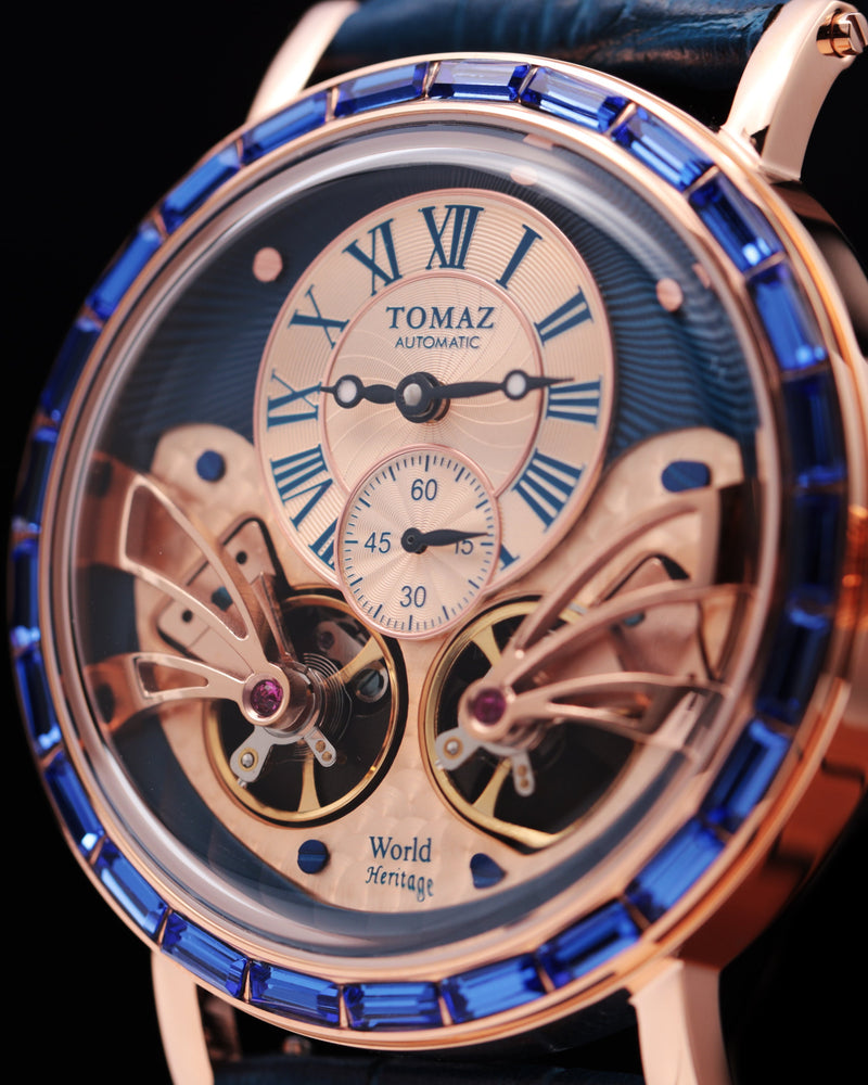 
                  
                    Load image into Gallery viewer, Double Wings Automatic TW001-D1 (Gold/Navy) with Navy Swarovski (Navy Bamboo Leather Strap)
                  
                