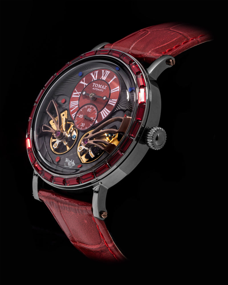 
                  
                    Load image into Gallery viewer, Double Wings  Automatic TW001-D3 (Black/Red) with Red Swarovski (Red Bamboo Leather Strap)
                  
                