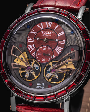 
                  
                    Load image into Gallery viewer, Double Wings  Automatic TW001-D3 (Black/Red) with Red Swarovski (Red Bamboo Leather Strap)
                  
                