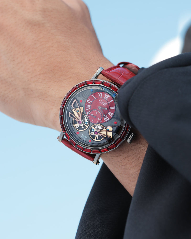 
                  
                    Load image into Gallery viewer, Double Wings  Automatic TW001-D3 (Black/Red) with Red Swarovski (Red Bamboo Leather Strap)
                  
                