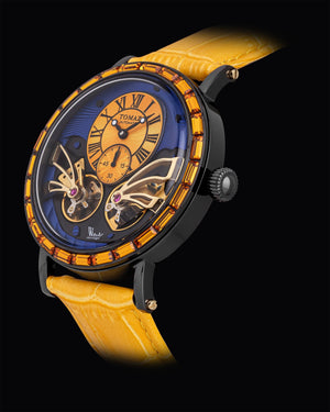 
                  
                    Load image into Gallery viewer, Double Wings Automatic TW001-D4 (Black/Yellow/Blue) with Yellow Swarovski (Yellow Bamboo Leather Strap)
                  
                