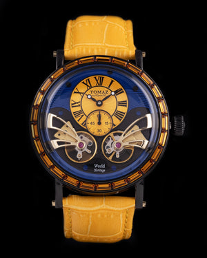 
                  
                    Load image into Gallery viewer, Double Wings Automatic TW001-D4 (Black/Yellow/Blue) with Yellow Swarovski (Yellow Bamboo Leather Strap)
                  
                