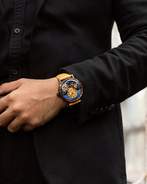 
                  
                    Load image into Gallery viewer, Double Wings Automatic TW001-D4 (Black/Yellow/Blue) with Yellow Swarovski (Yellow Bamboo Leather Strap)
                  
                