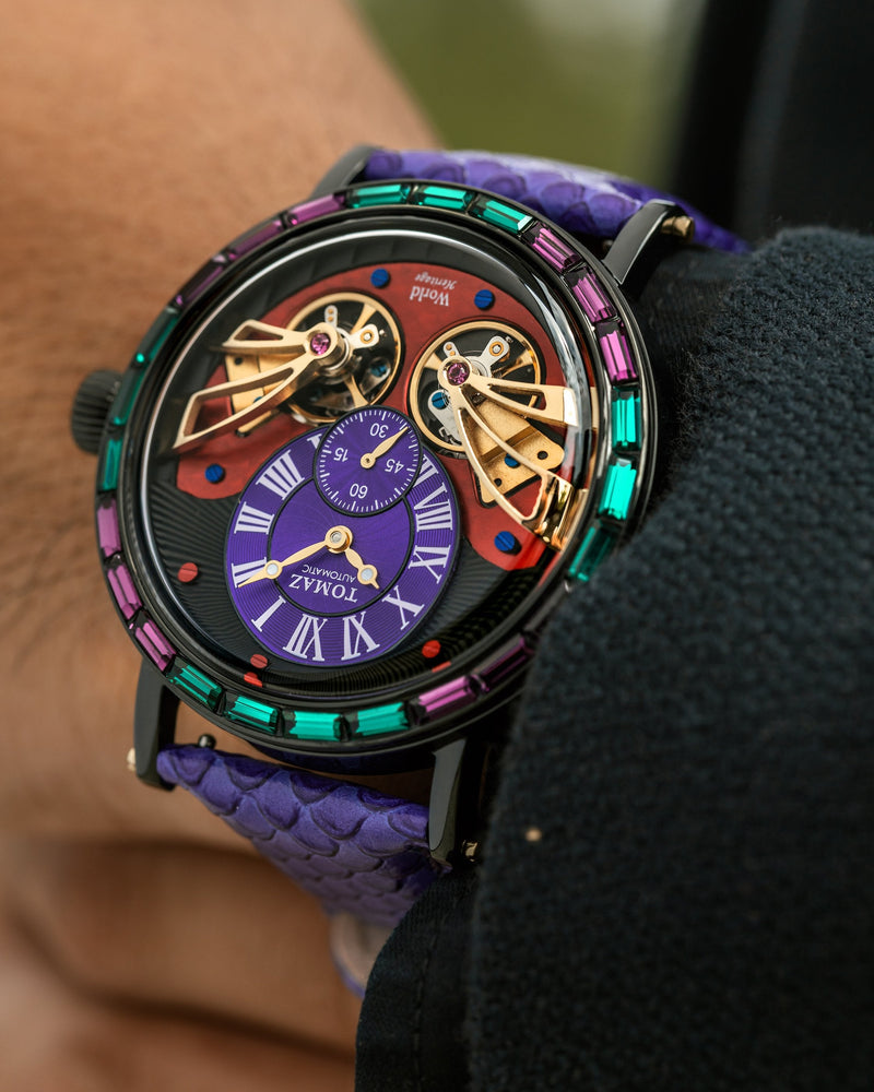 Double Wings Automatic TW001-D5  (Black/Purple/Red) with Purple Green Swarovski (Purple Salmon Leather Strap)