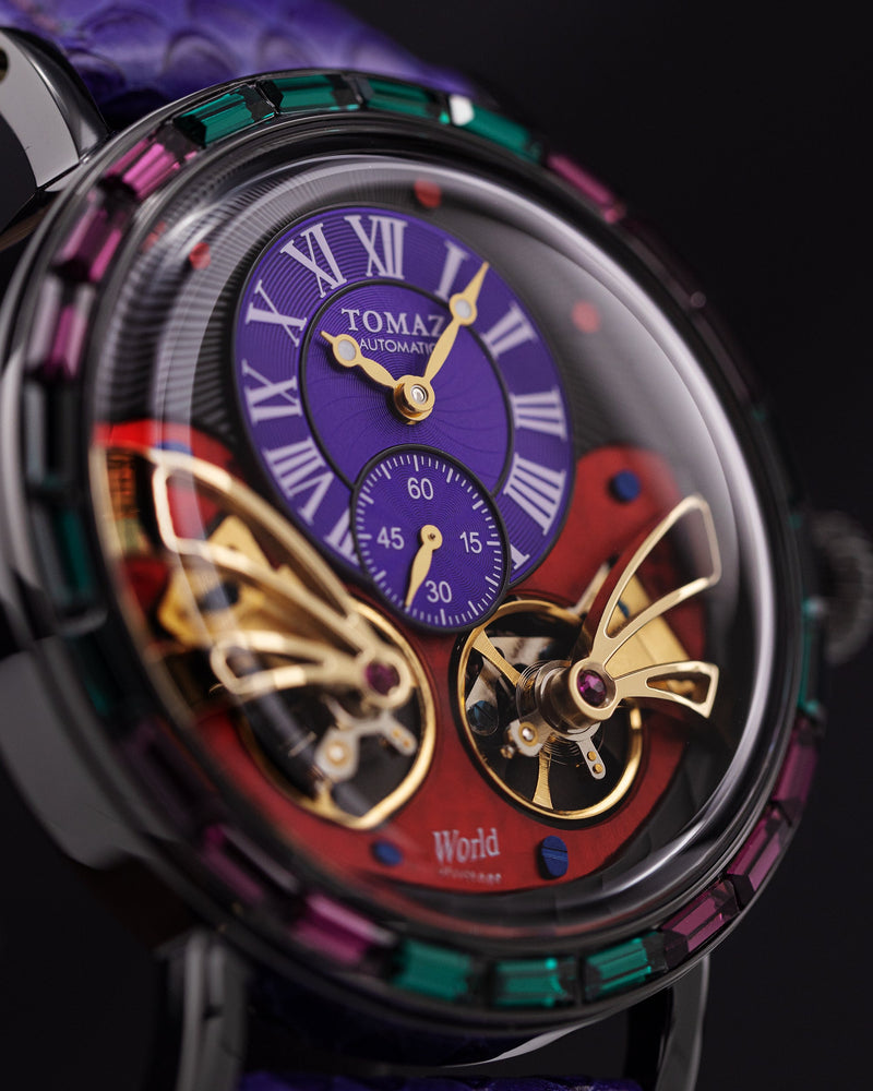 
                  
                    Load image into Gallery viewer, Double Wings Automatic TW001-D5  (Black/Purple/Red) with Purple Green Swarovski (Purple Salmon Leather Strap)
                  
                