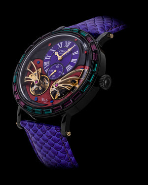
                  
                    Load image into Gallery viewer, Double Wings Automatic TW001-D5  (Black/Purple/Red) with Purple Green Swarovski (Purple Salmon Leather Strap)
                  
                