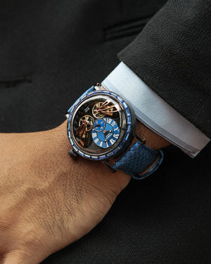 
                  
                    Load image into Gallery viewer, Double Wings Automatic TW001-D7 (Black/Blue) with Blue Swarovski (Blue Salmon Leather Strap)
                  
                