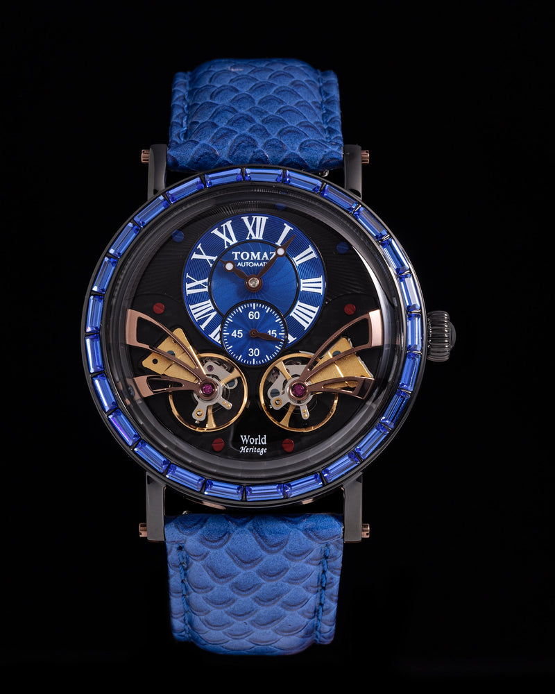 
                  
                    Load image into Gallery viewer, Double Wings Automatic TW001-D7 (Black/Blue) with Blue Swarovski (Blue Salmon Leather Strap)
                  
                