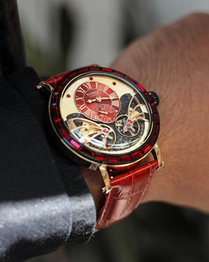 
                  
                    Load image into Gallery viewer, Double Wings Automatic TW001-D9 (Black/Red/Cream) with Red Swarovski (Red Bamboo Leather Strap)
                  
                