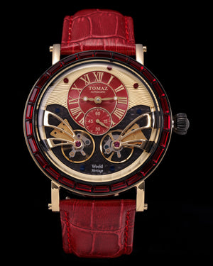 
                  
                    Load image into Gallery viewer, Double Wings Automatic TW001-D9 (Black/Red/Cream) with Red Swarovski (Red Bamboo Leather Strap)
                  
                