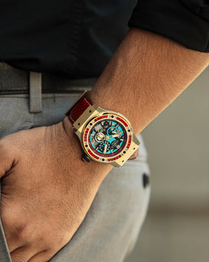 
                  
                    Load image into Gallery viewer, Royale TW014A-D1 (Gold) with Red Swarovski (Red Salmon Leather Strap)
                  
                