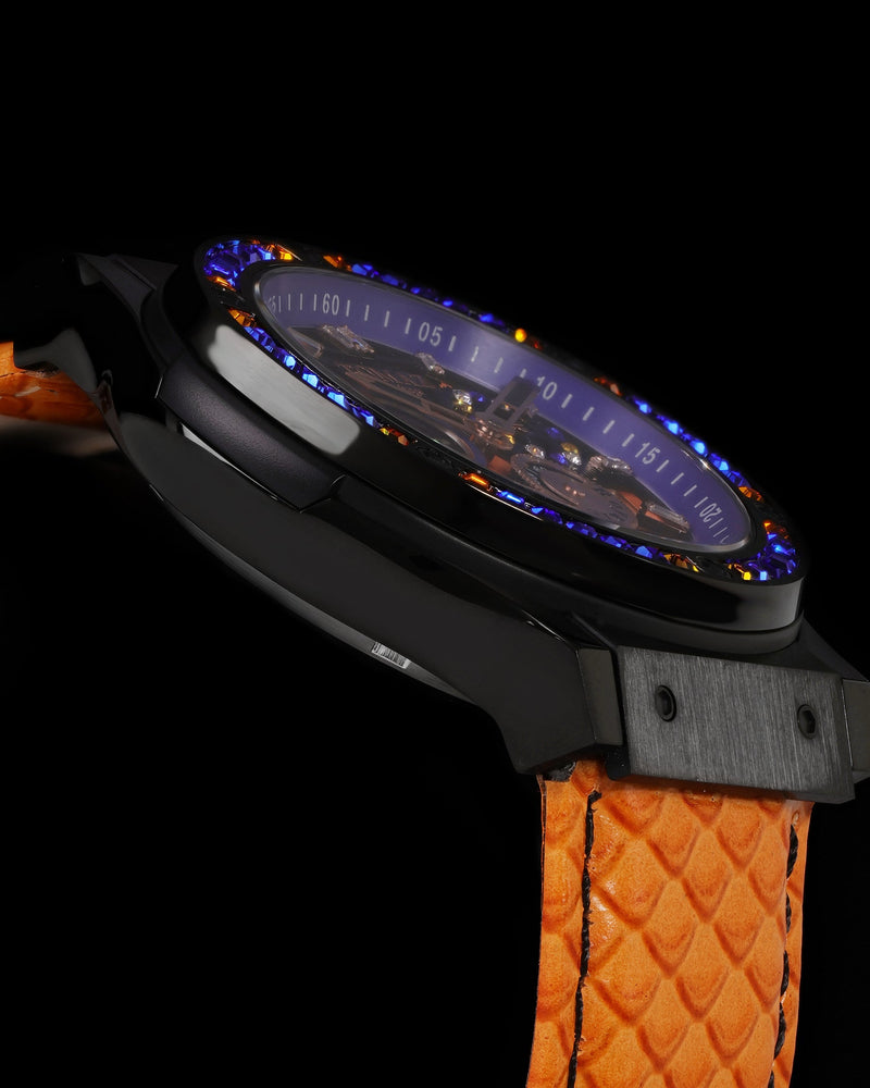 
                  
                    Load image into Gallery viewer, Royale TW014A-D2 (Black) with Blue Orange Swarovski (Orange Salmon Leather Strap)
                  
                