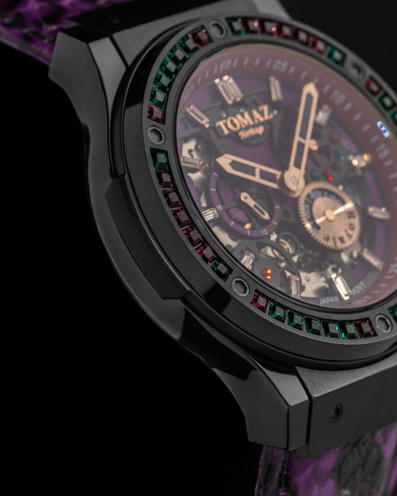 
                  
                    Load image into Gallery viewer, Royale TW014A-D4 (Black) with Green Purple Swarovski (Purple Salmon Leather Strap)
                  
                